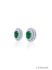 14K White Gold Emerald & Diamond Oval Cut Stud Earrings