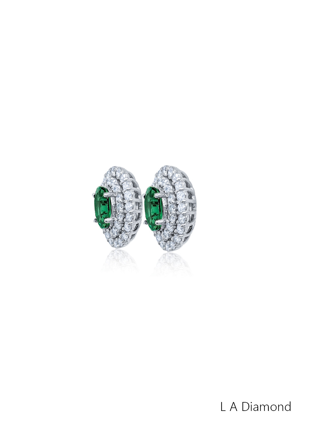 14K White Gold Emerald & Diamond Oval Cut Stud Earrings
