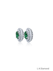 14K White Gold Emerald & Diamond Oval Cut Stud Earrings