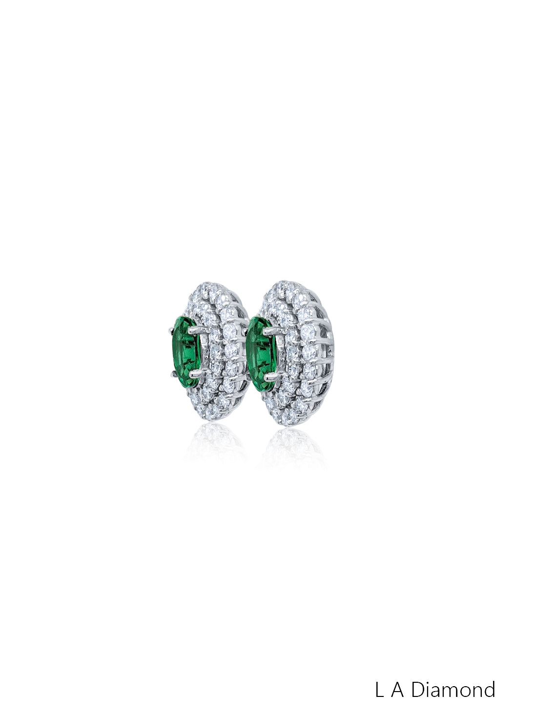 14K White Gold Emerald & Diamond Oval Cut Stud Earrings