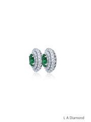 14K White Gold Emerald & Diamond Oval Cut Stud Earrings