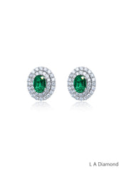 14K White Gold Emerald & Diamond Oval Cut Stud Earrings