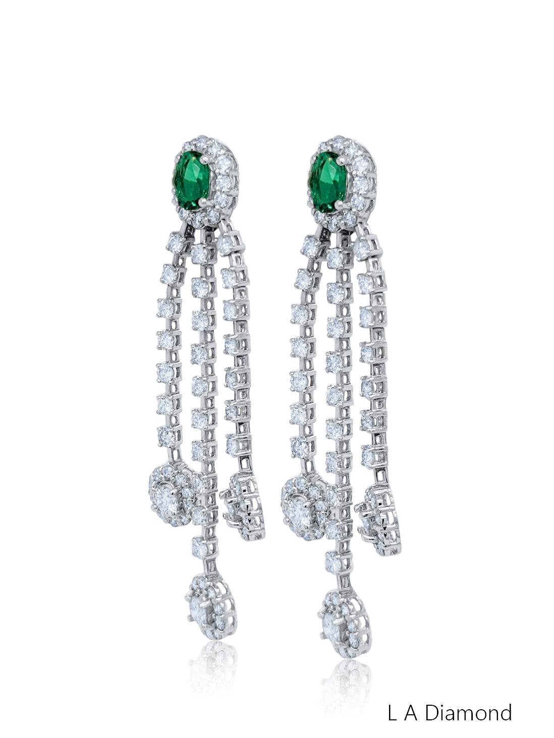14K White Gold Emerald & Diamond Oval Cut Tassel Dangle Earrings
