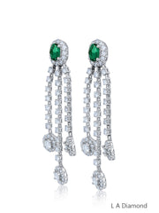 14K White Gold Emerald & Diamond Oval Cut Tassel Dangle Earrings