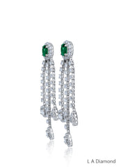 14K White Gold Emerald & Diamond Oval Cut Tassel Dangle Earrings