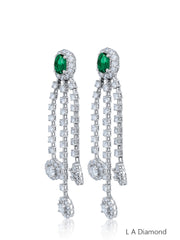 14K White Gold Emerald & Diamond Oval Cut Tassel Dangle Earrings