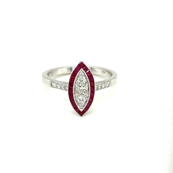 14K White Gold Marquise Ruby and Diamond Frame Ring