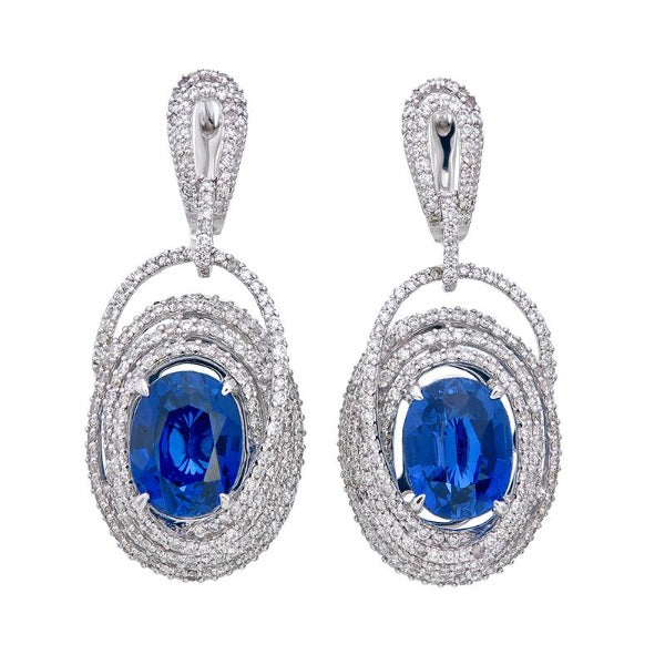 14K White Gold Oval-Shaped Blue Sapphire and Diamond Drop Earrings