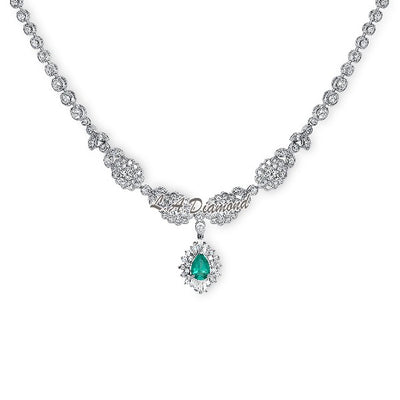 14K White Gold Pear-Shape Emerald & 3.00 ct Diamond Shadow Frame Necklace