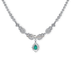 14K White Gold Pear-Shape Emerald & 3.00 ct Diamond Shadow Frame Necklace