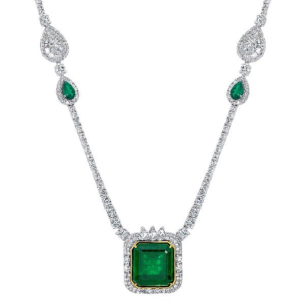 14K White Gold Princess-Cut Emerald & 1.50 ct Diamond Necklace