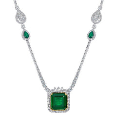 14K White Gold Princess-Cut Emerald & 1.50 ct Diamond Necklace