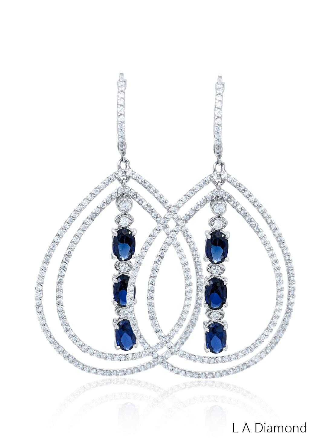 14K White Gold Sapphire & Diamond Oval Cut Teardrop Earrings