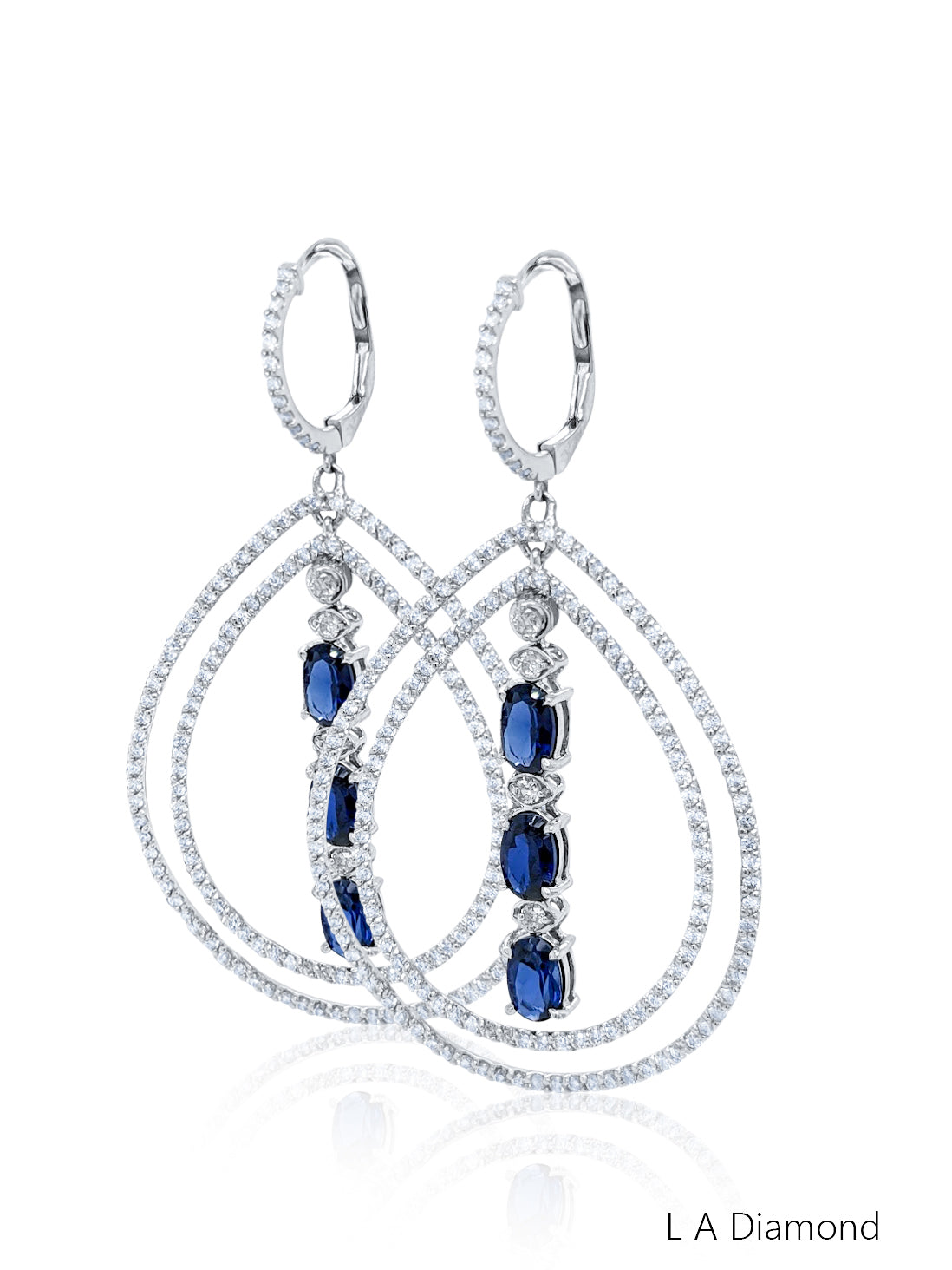 14K White Gold Sapphire & Diamond Oval Cut Teardrop Earrings