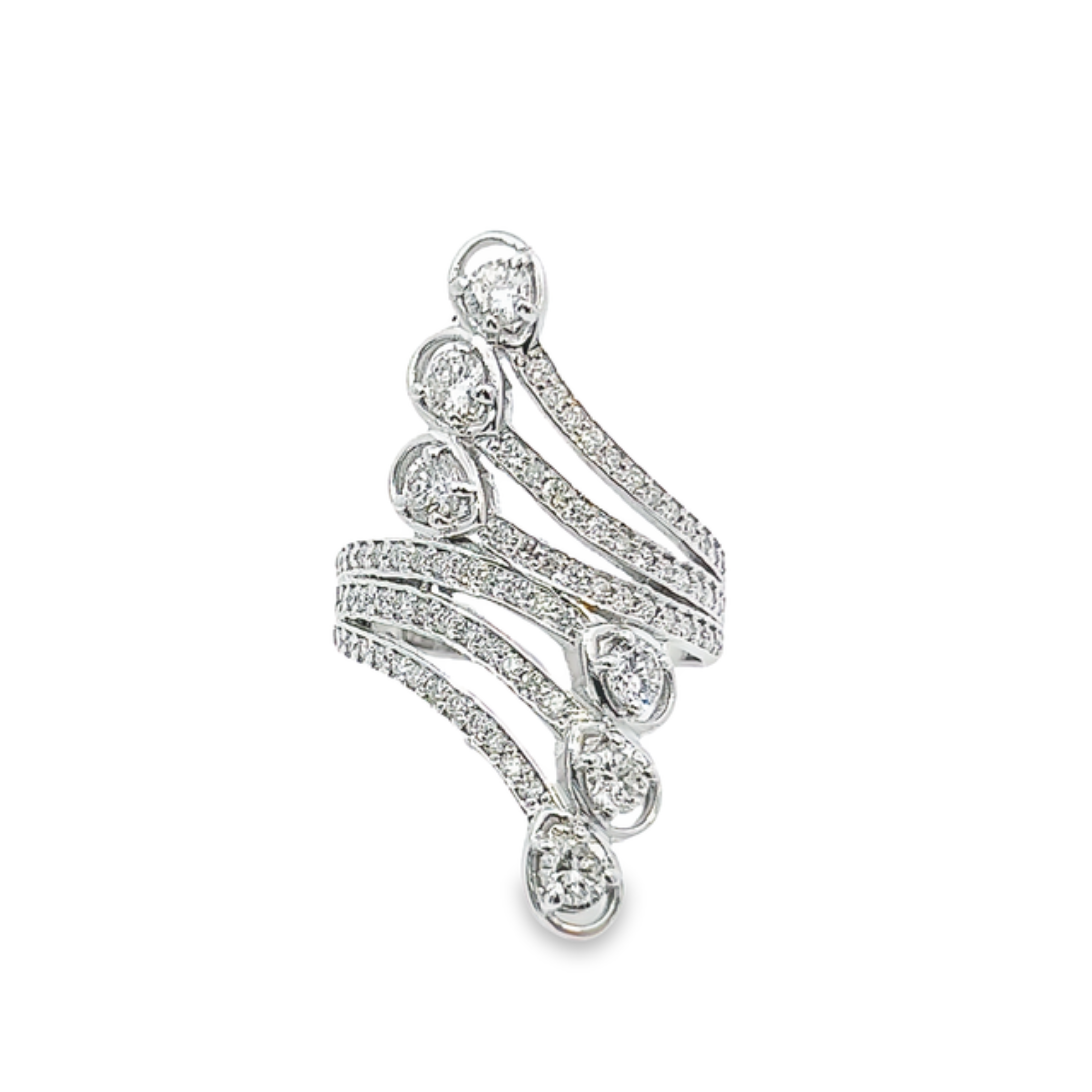14K White Gold Twisted Ring with Round & Pear Diamonds (0.87 ct)