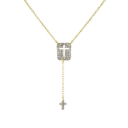 14K Yellow Gold Diamond Double Cross Y-Necklace (1/5 ct T.W.)