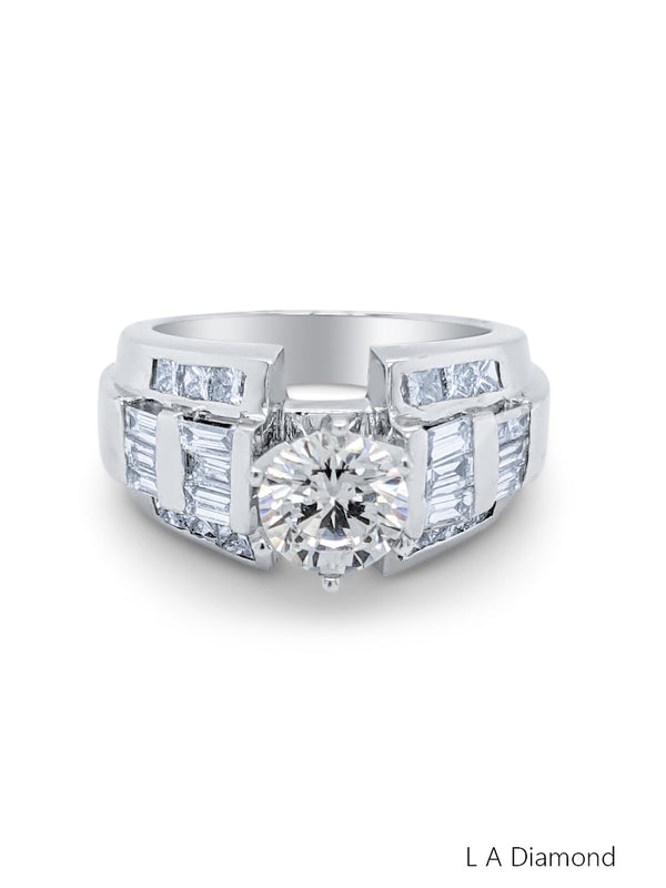 18K White Gold Brilliant Round, Baguette & Princess Cut Multi-Layer Engagement Ring (1.06 ct)