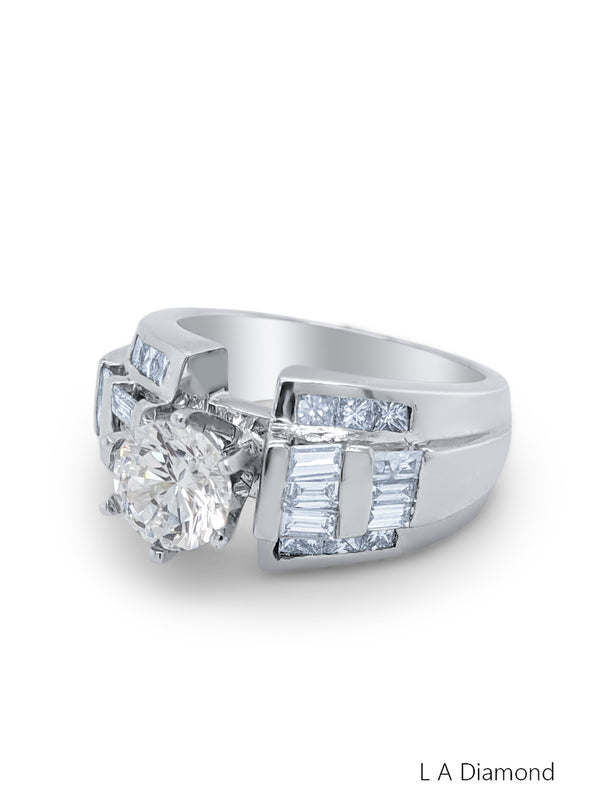 18K White Gold Brilliant Round, Baguette & Princess Cut Multi-Layer Engagement Ring (1.06 ct)