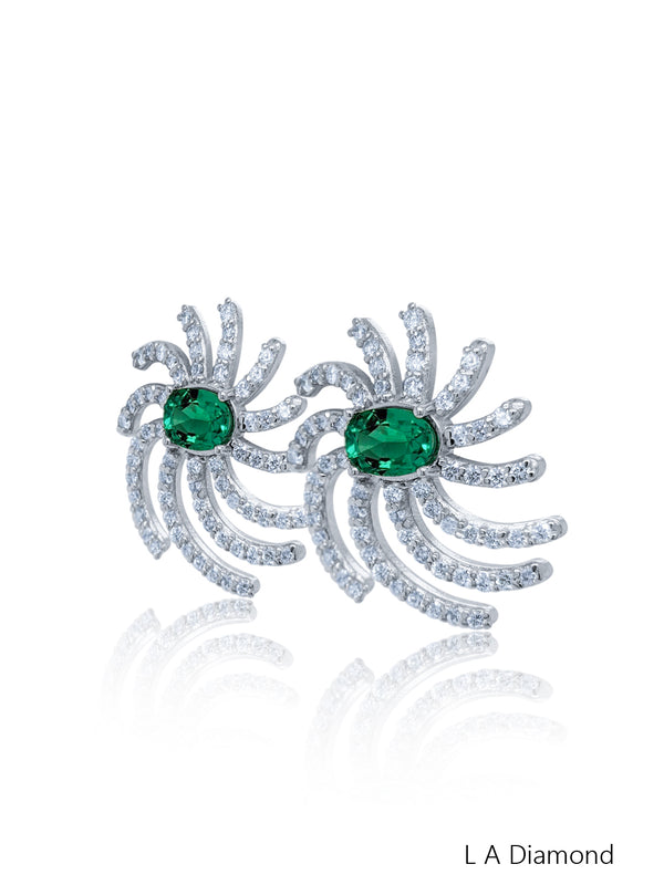18K White Gold Diamond Oval and Round Cut Earring with Emerald (2.50 ct)