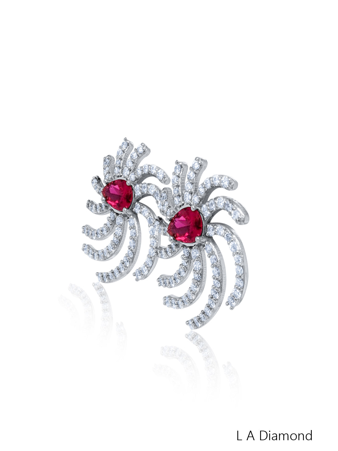 18K White Gold Diamond Round and Pear Cut Earrings with Ruby (2.50 ct)