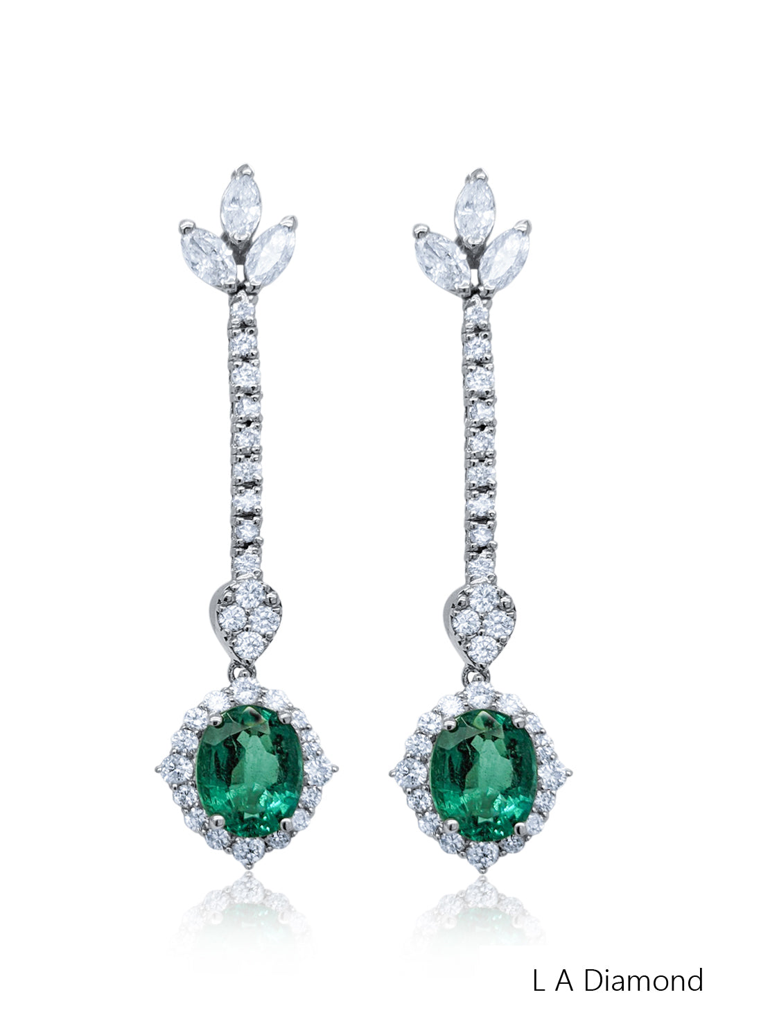 18K White Gold Diamond and Emerald Oval Cut Dangle Earring (3.49 ct)