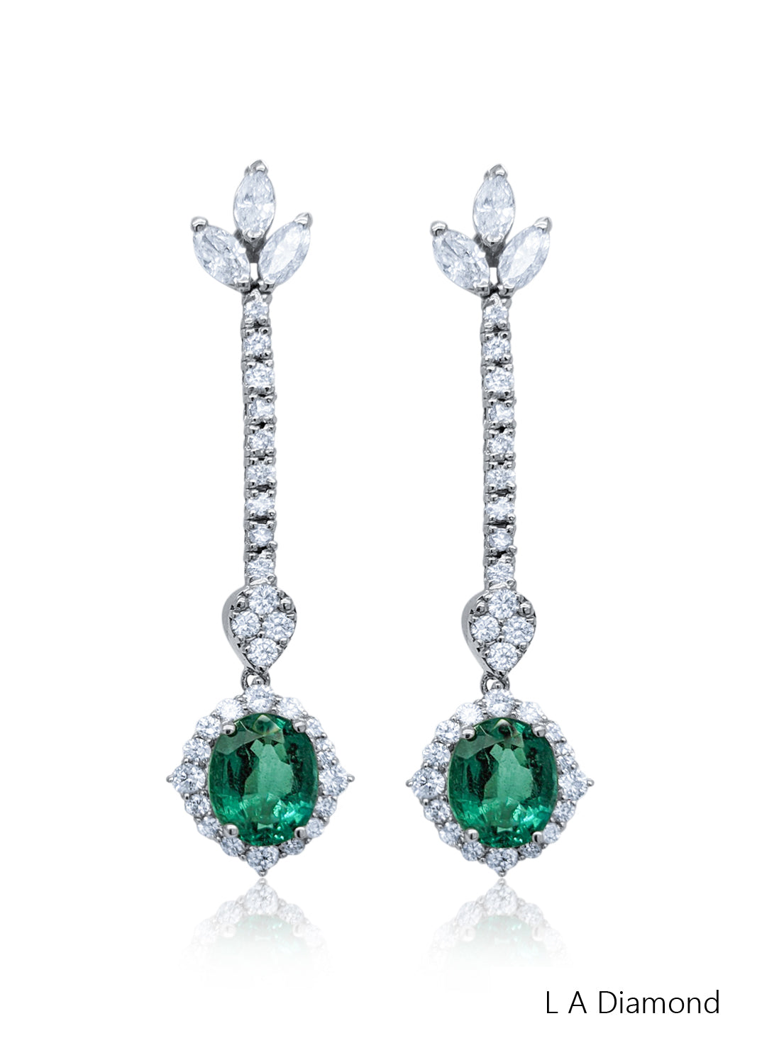 18K White Gold Diamond and Emerald Oval Cut Dangle Earring (3.49 ct)