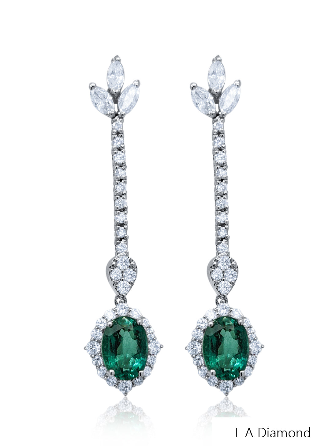 18K White Gold Diamond and Emerald Oval Cut Dangle Earring (3.49 ct)