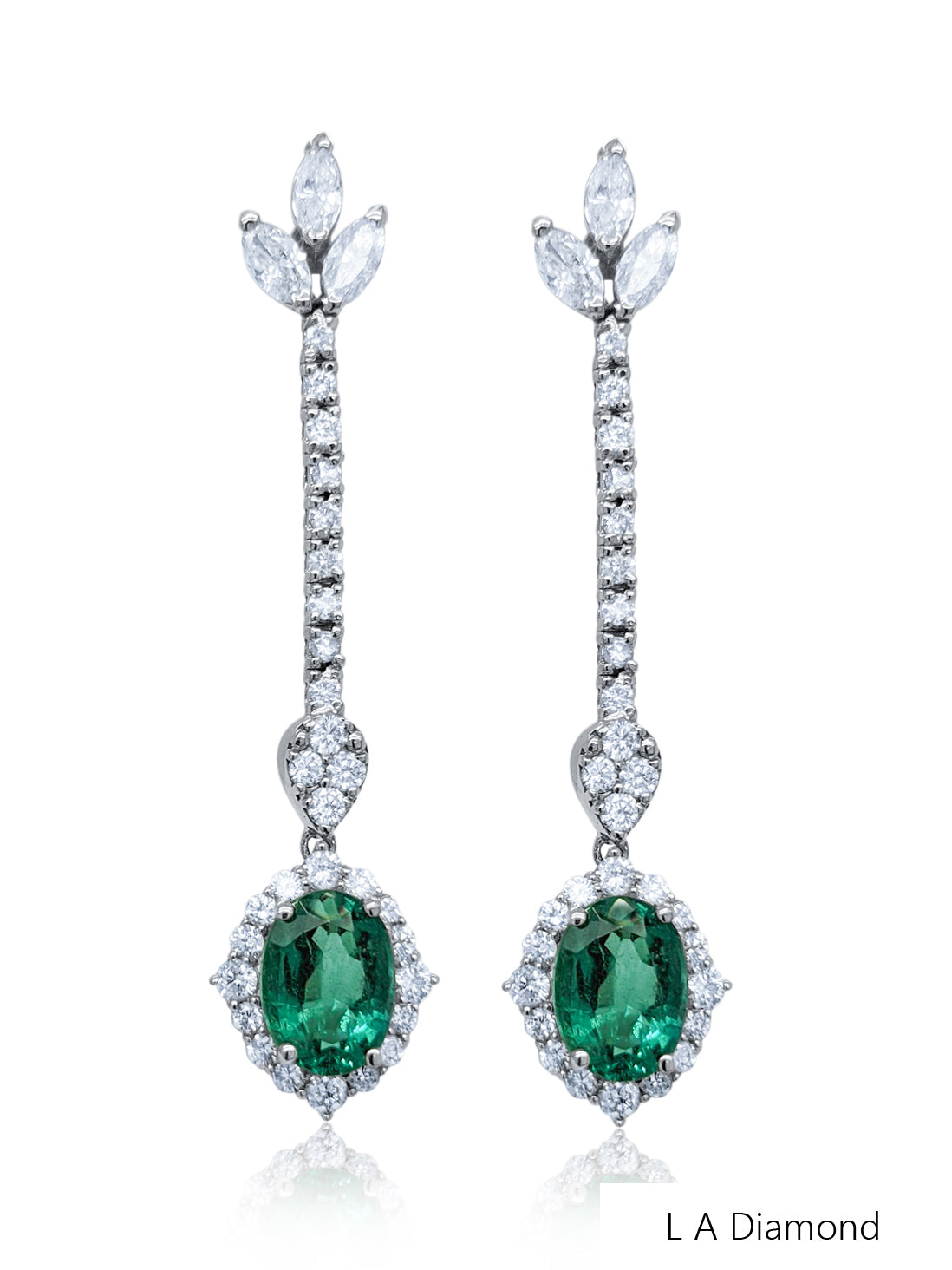 18K White Gold Diamond and Emerald Oval Cut Dangle Earring (3.49 ct)