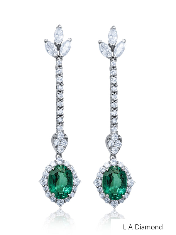 18K White Gold Diamond and Emerald Oval Cut Dangle Earring (3.49 ct)