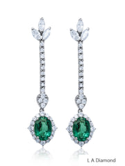 18K White Gold Diamond and Emerald Oval Cut Dangle Earring (3.49 ct)