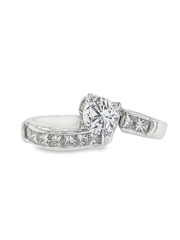 24K White Gold & Platinum Diamond Round and Princess Cut Engagement Ring Set – 1.21ct