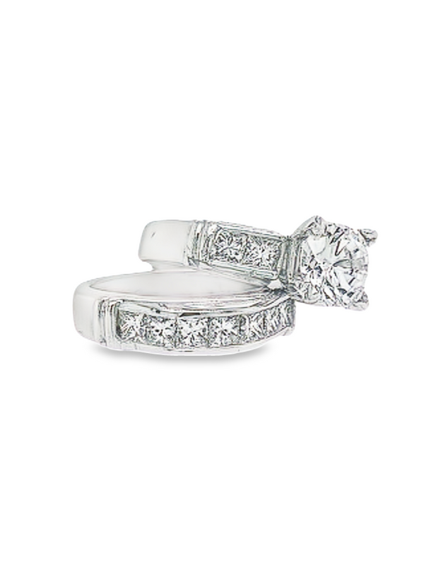 24K White Gold & Platinum Diamond Round and Princess Cut Engagement Ring Set – 1.21ct