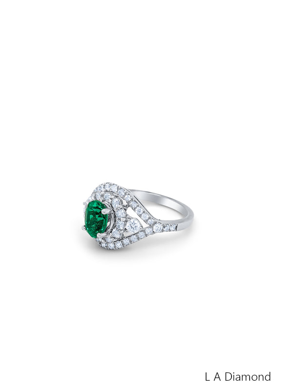 14k White Gold Diamond Emerald Ring - LA DIAMOND