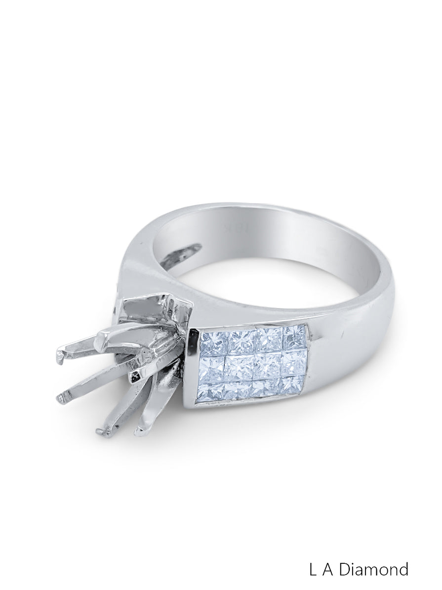 18k White Gold Diamond Bezel Corner Princess Cut Multi Layer Semi Mount Bridal Engagement Ring 1.06c