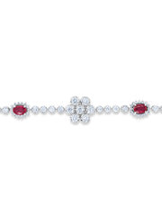 14k White Gold Diamond Round Cut and Oval Ruby Flower Design Bracelet 2.33c