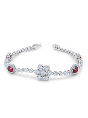 14k White Gold Diamond Round Cut and Oval Ruby Flower Design Bracelet 2.33c