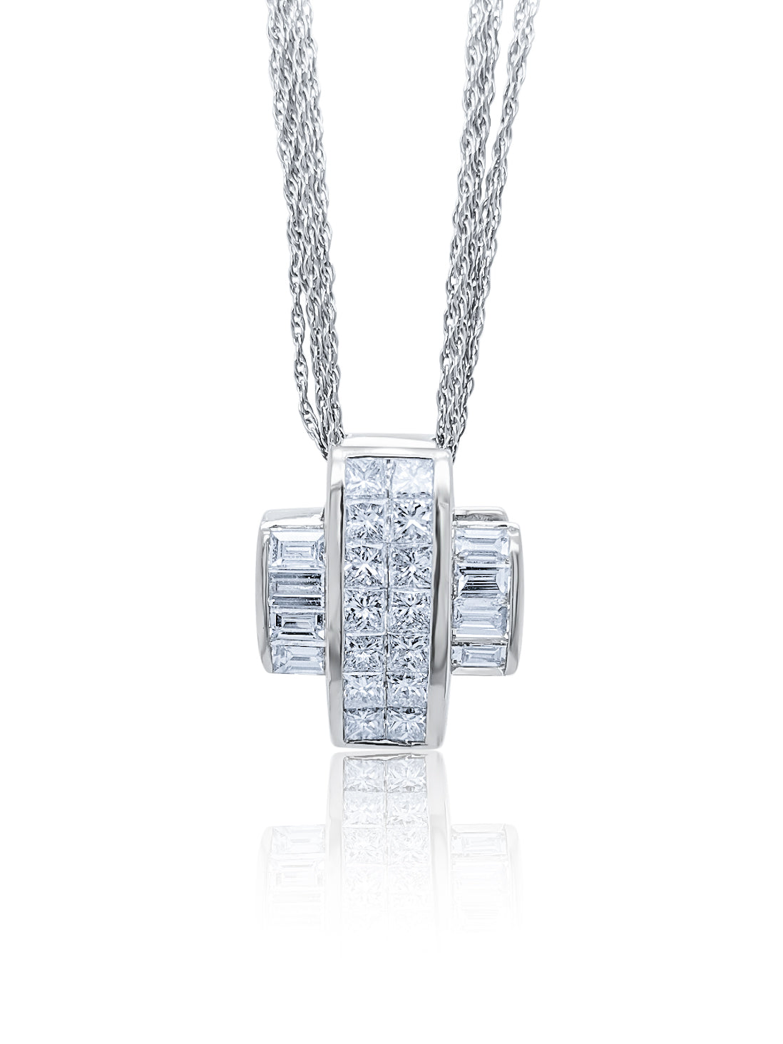18k White Gold Diamond Cross Bezel Corner Princess And Baguette Cut Necklace Pendant 1.51c