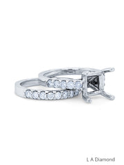 14k White Gold Diamond Round and Princess Cut Semi Mount Engagement Ring Set .90c