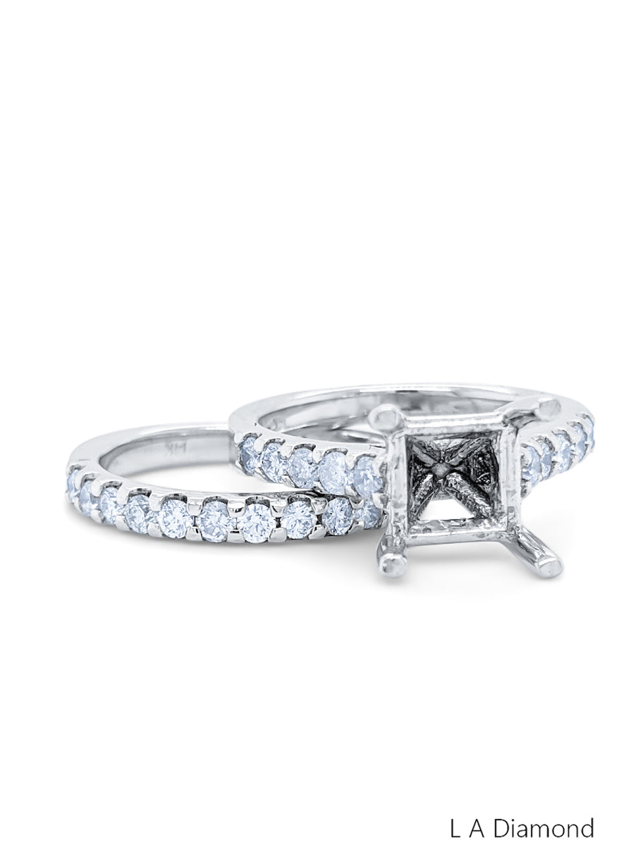 14k White Gold Diamond Round and Princess Cut Semi Mount Engagement Ring Set .90c