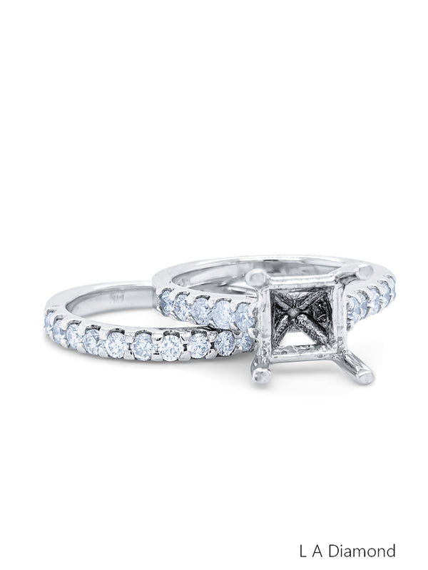 14K White Gold Round and Princess Cut Semi-Mount Engagement Ring (0.90 ct) - LA DIAMOND
