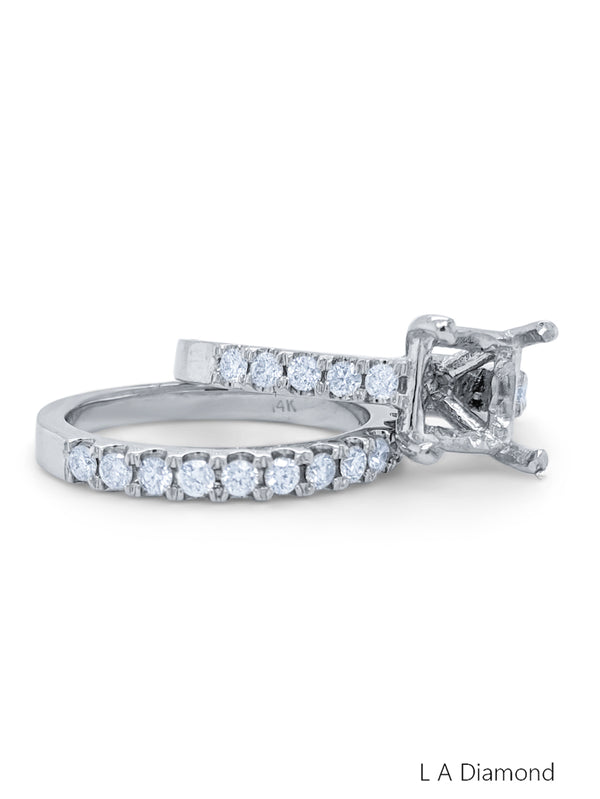 14K White Gold Diamond Princess and Round Cut Bridal Semi-Mount Ring Set (0.90 ct) - LA DIAMOND
