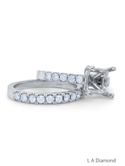 14k White Gold Diamond Princess And Round Cut Bridal Semi Mount Ring Set .90c