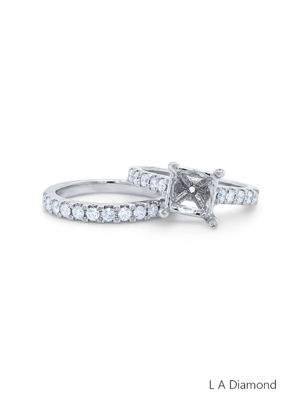 14K White Gold Diamond Princess and Round Cut Bridal Semi-Mount Ring Set (0.90 ct) - LA DIAMOND