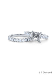 14k White Gold Diamond Princess And Round Cut Bridal Semi Mount Ring Set .90c