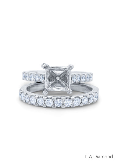 14K White Gold Diamond Princess and Round Cut Bridal Semi-Mount Ring Set (0.90 ct)