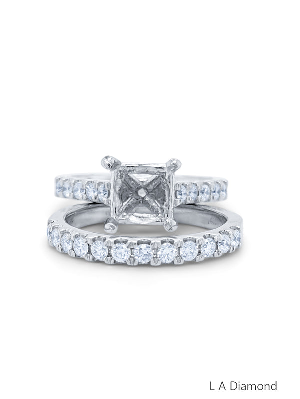 14K White Gold Diamond Princess and Round Cut Bridal Semi-Mount Ring Set (0.90 ct) - LA DIAMOND