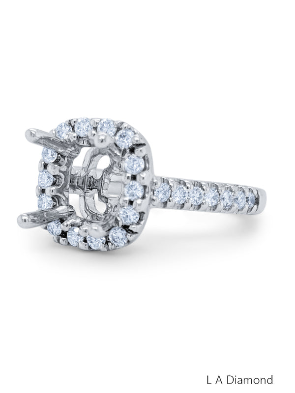 14K White Gold Diamond Halo Cushion Cut Semi-Mount Engagement Ring (.86 ct) - LA DIAMOND