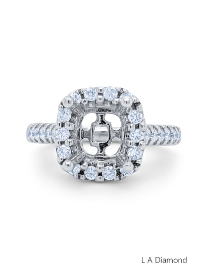 14K White Gold Diamond Halo Cushion Cut Semi-Mount Engagement Ring (.86 ct)