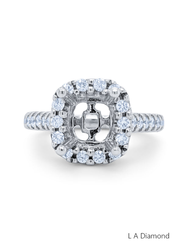 14K White Gold Diamond Halo Cushion Cut Semi-Mount Engagement Ring (.86 ct) - LA DIAMOND