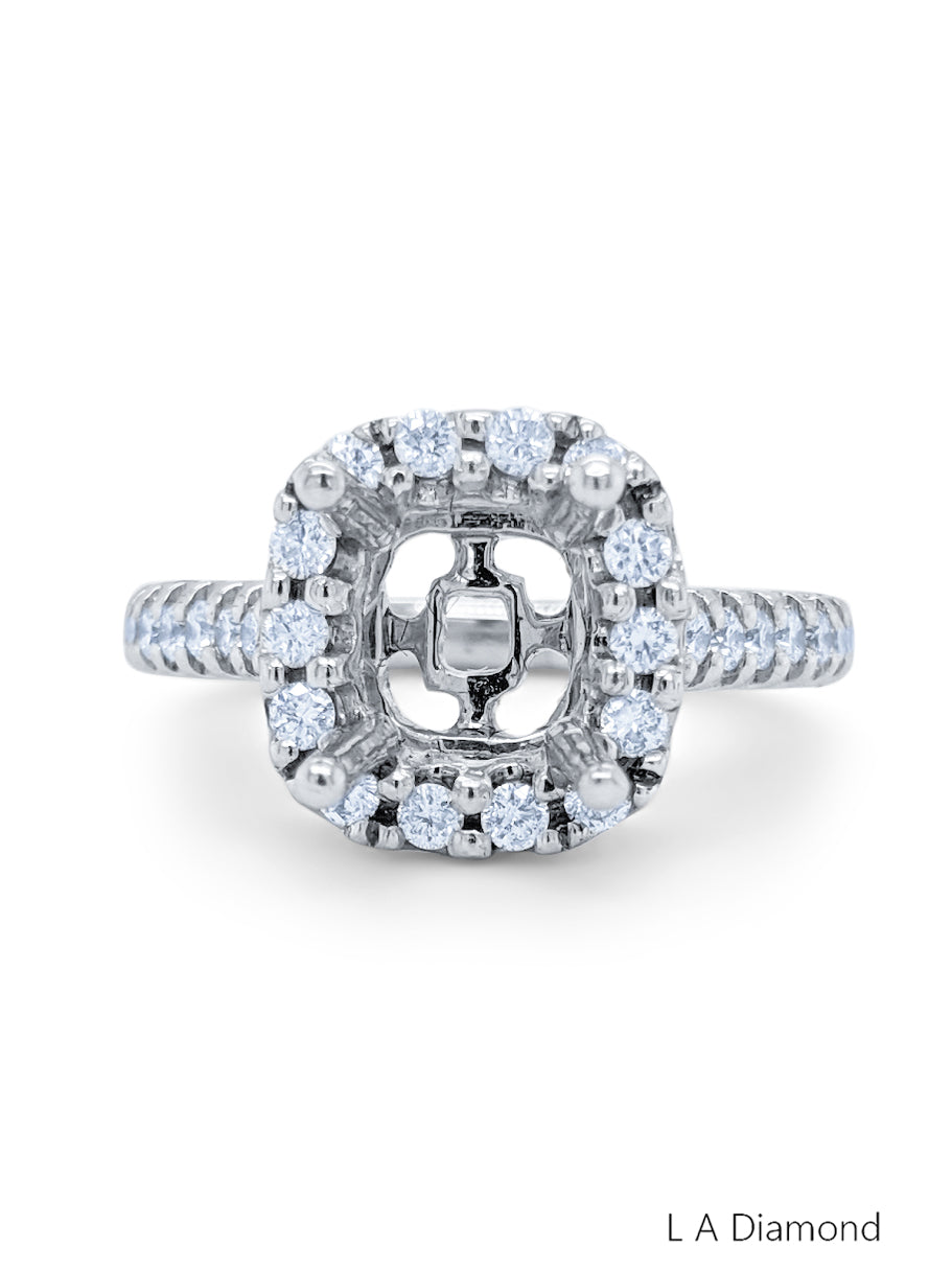 14K White Gold Diamond Halo Cushion Cut Semi-Mount Engagement Ring (.86 ct)